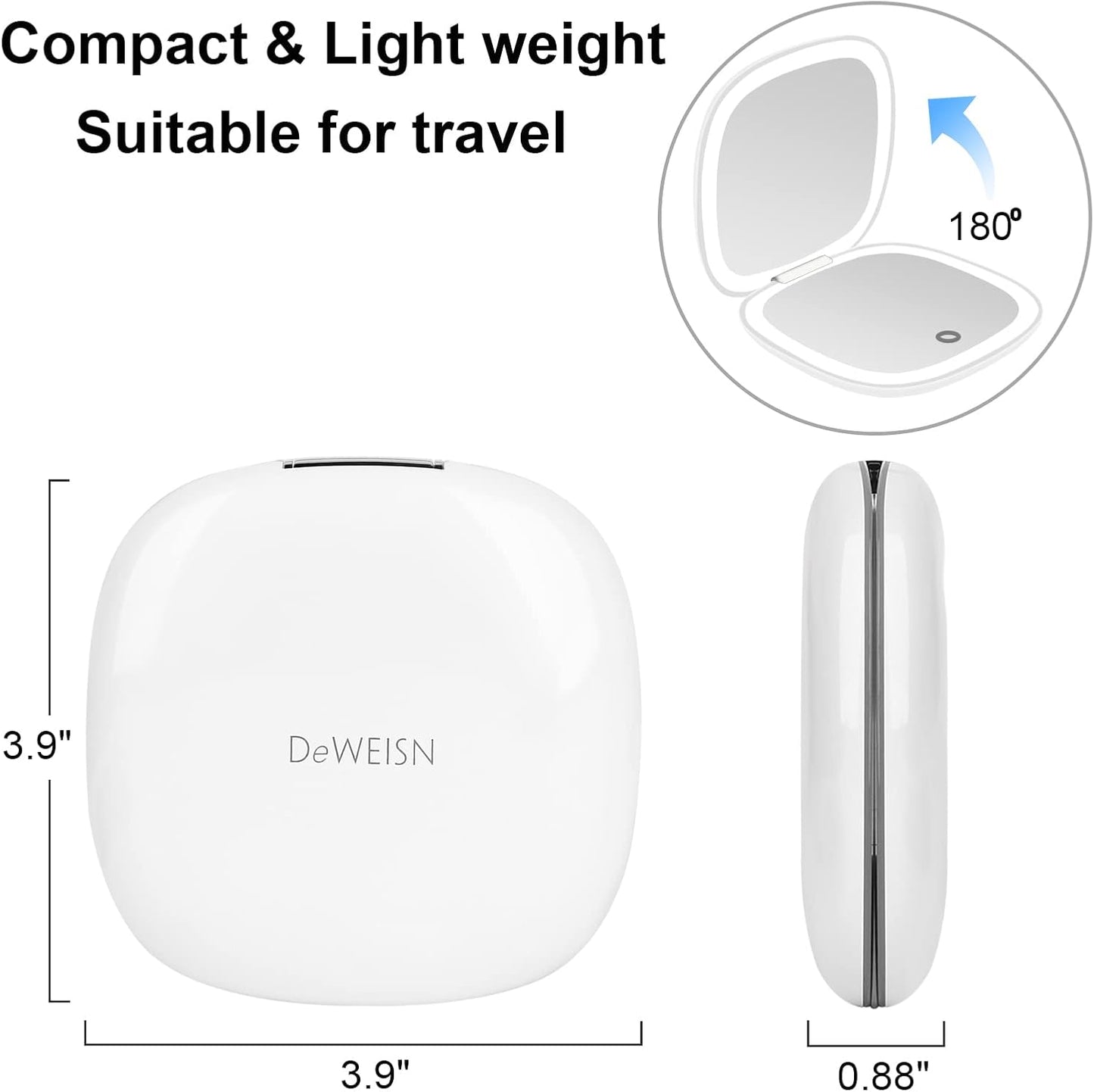 Compact LED Lighted Travel Mirror with 1X & 10X Magnification